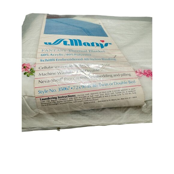Vtg St. Mary’s Fantasy Floral Thermal Blanket White 72 x 90 Twin or Double Bed - Picture 5 of 6